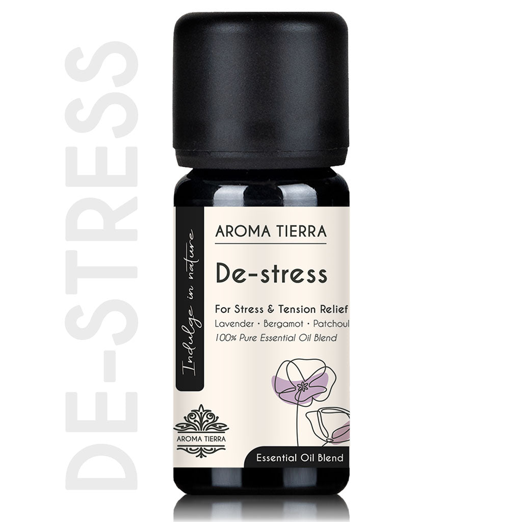 Aroma Tierra De-stress Essential Oil Blend 10ml bottle for stress and tension relief