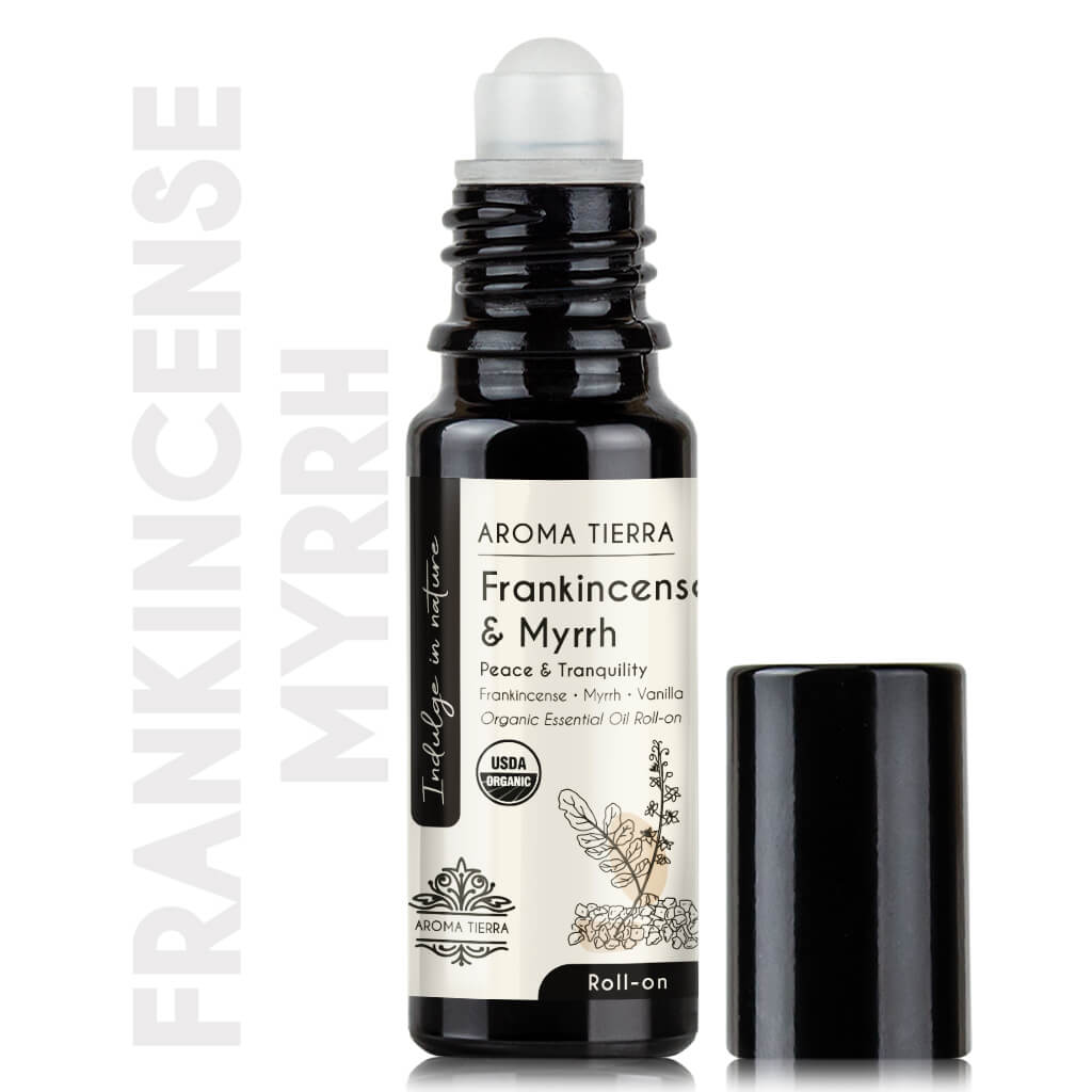 Aroma Tierra Frankincense & Myrrh Roll-on blends best for promoting inner peace and tranquility.