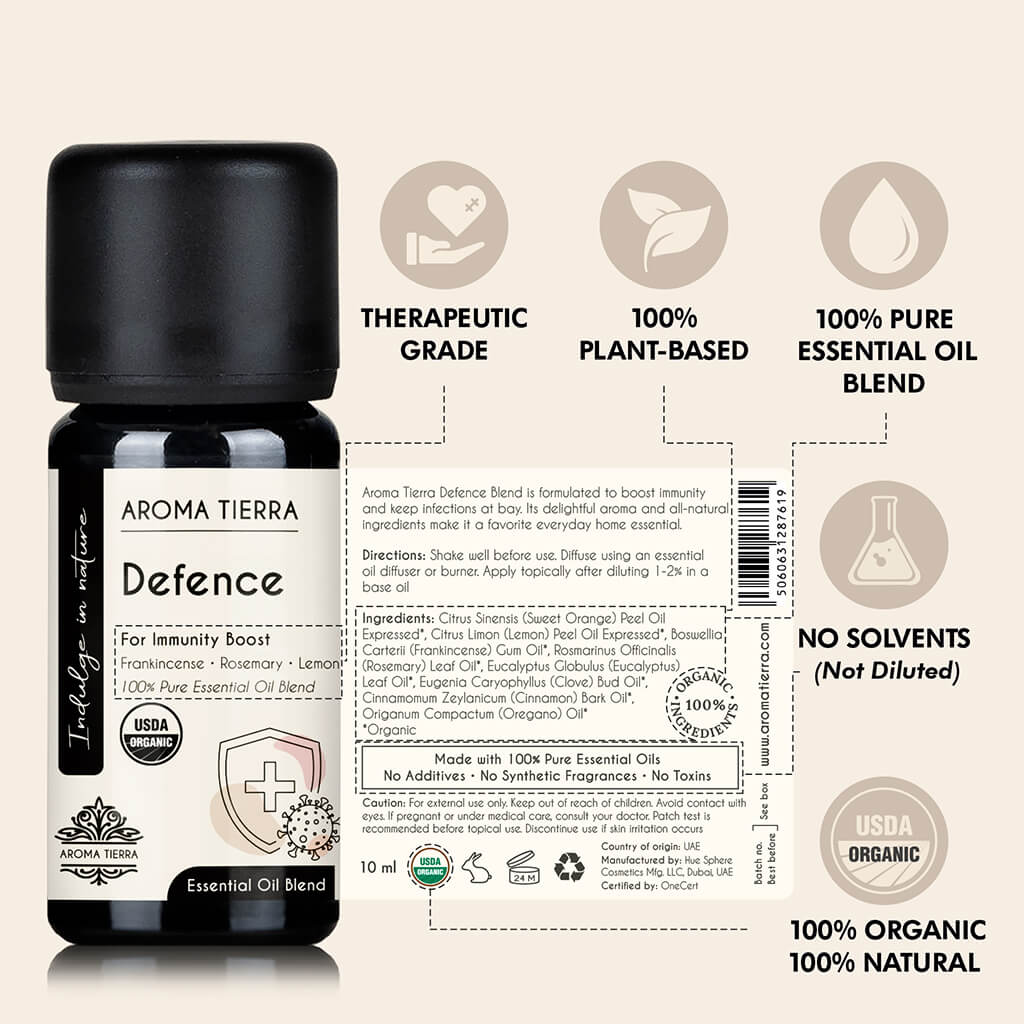 100% Certified Organic and Natural Aroma Tierra Defence essential oil blend fights infections.