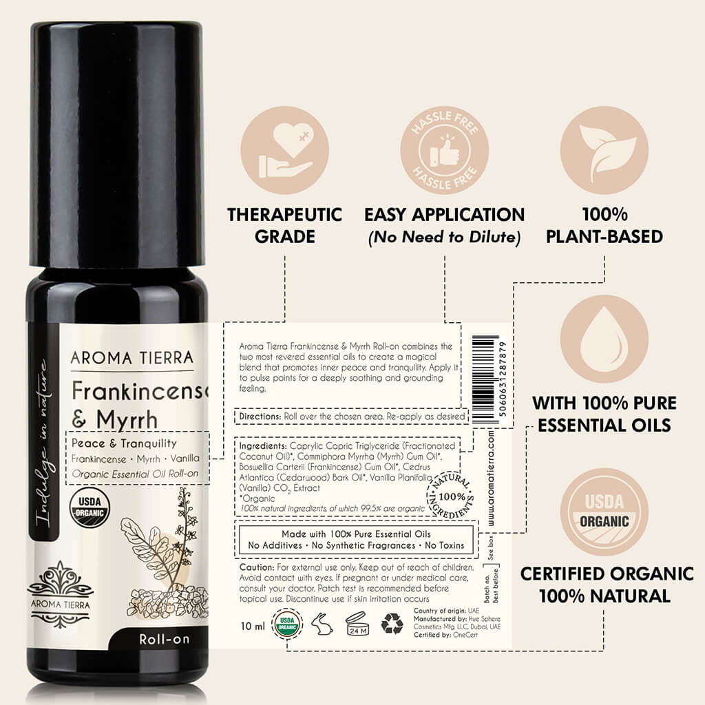 Aroma Tierra Frankincense & Myrrh Roll-on essential oil easy application, undiluted, no solvent, therapeutic grade, no additives.