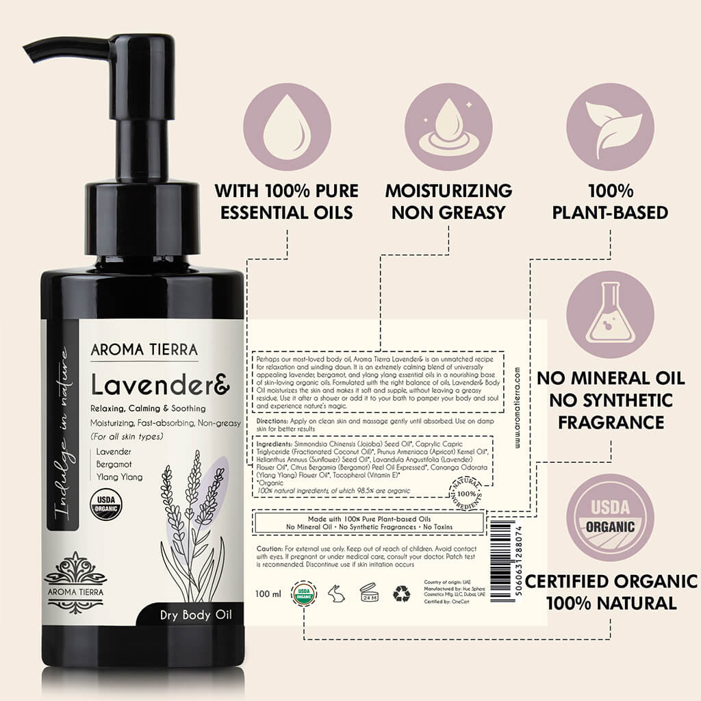 Aroma Tierra Lavender& dry body oil contains lavender, ylang ylang and bergamot 100% pure essential oil.