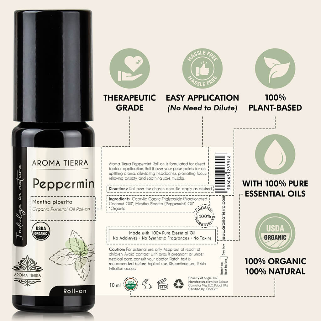 Aroma Tierra Peppermint Roll-on essential oil easy application, undiluted, no solvent, therapeutic grade, no additives