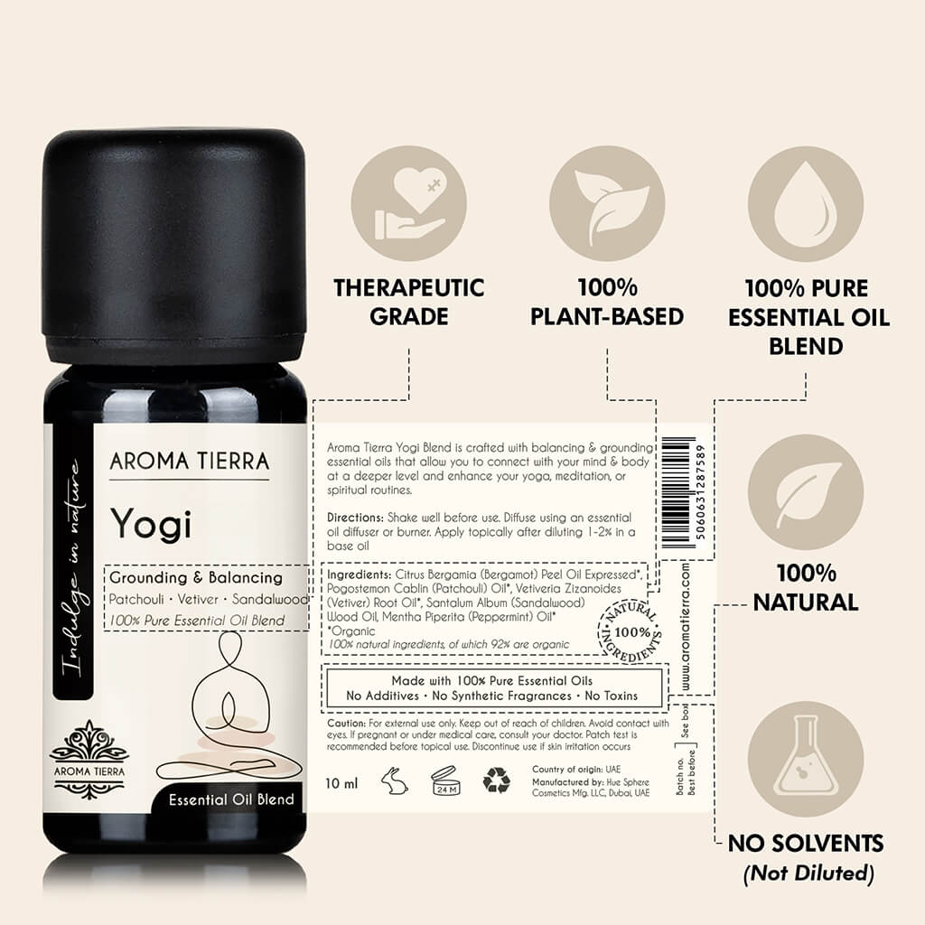 Aroma Tierra Yogi essential oil blend easy application, undiluted, no solvent, therapeutic grade, no additives, 100% pure and organic.