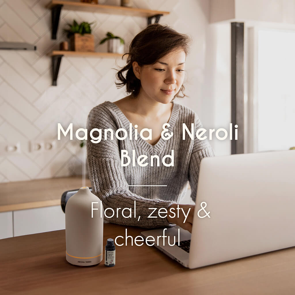 100% Pure Organic Magnolia & Neroli essential oil blend with intense, cheerful, floral, and bright aroma.