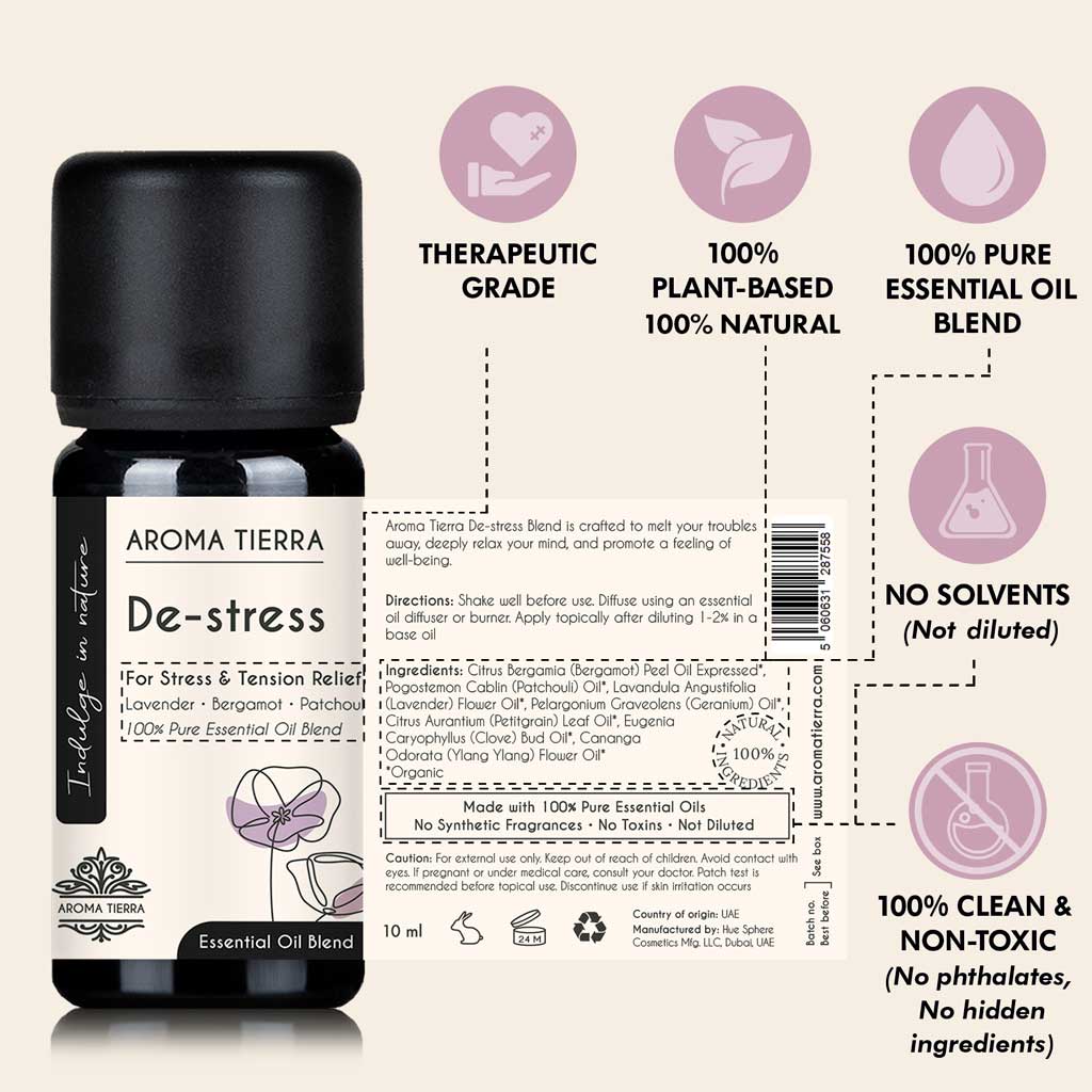 Aroma Tierra De-stress Essential Oil Blend bottle with open label showing 100% natural, therapeutic-grade, plant-based, and solvent-free claims
