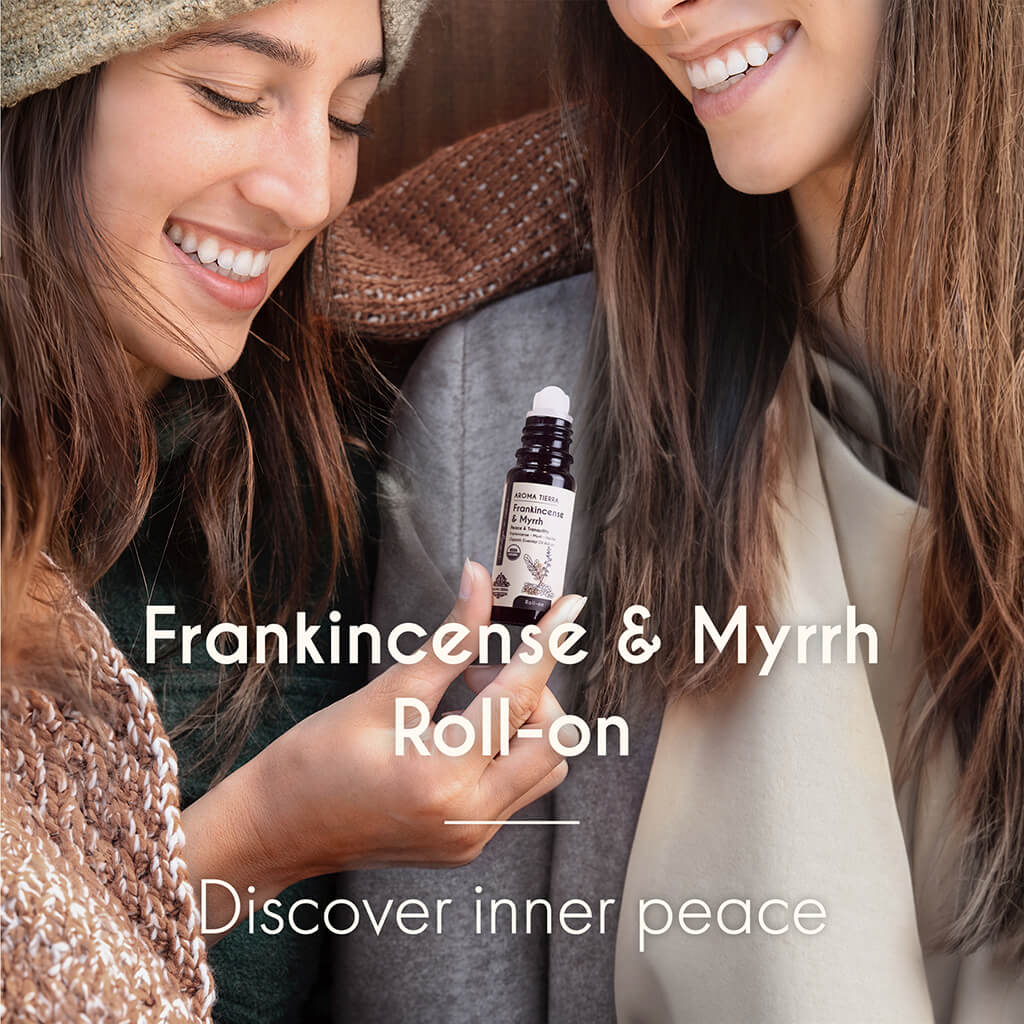 100% Certified Organic and Natural Aroma Tierra Frankincense & Myrrh Roll-on essential oil soothing the mind and body.