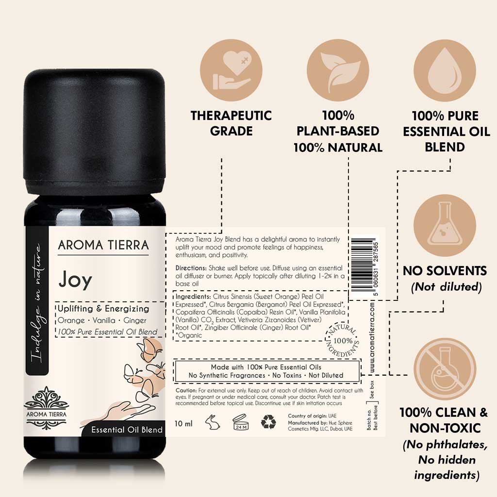 Aroma Tierra Joy Essential Oil Blend bottle with open label showing 100% natural, therapeutic-grade, plant-based, and solvent-free claims