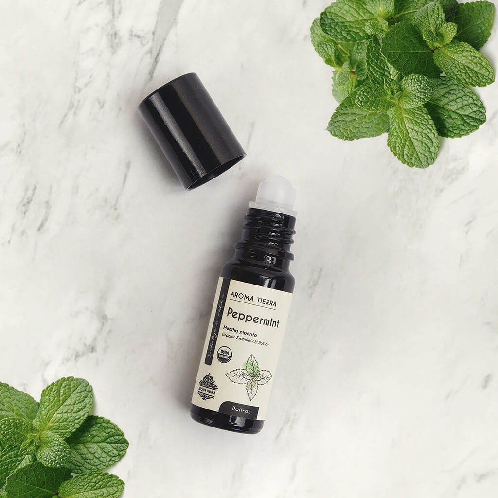 Aroma Tierra Organic Peppermint Roll-on oil best essential oil soothing sore muscles.