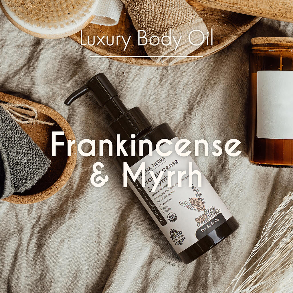 Aroma Tierra Frankincense & Myrrh best natural massage oil, non greasy fast absorbing. After shower dry body oil.