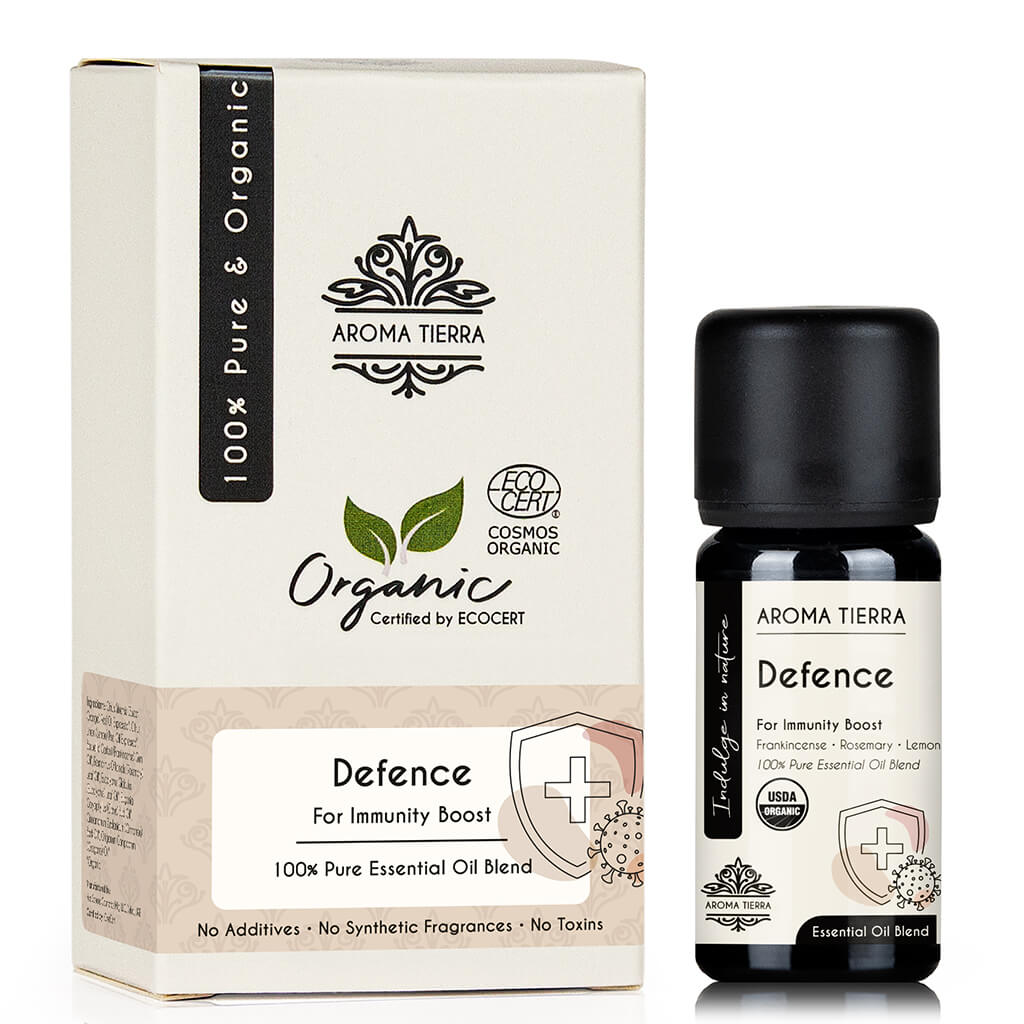 Aroma Tierra Organic Defence essential oil blended with frankincense, lemon, rosemary.