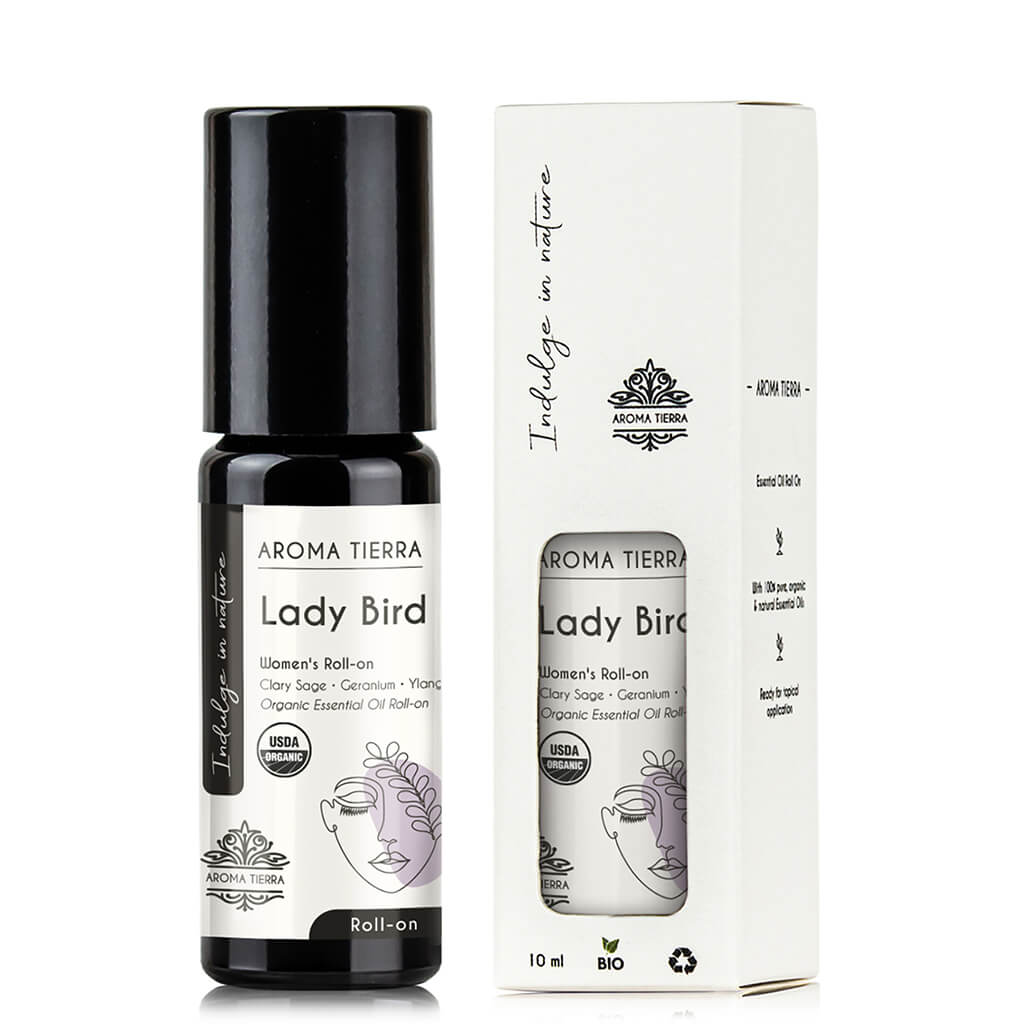 Aroma Tierra Organic Lady Bird roll-on with 10 potent essential oils, clary charge, ylang ylang, bergamot