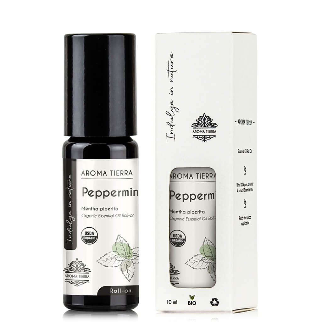 Aroma Tierra Organic Peppermint roll-on Mentha piperita essential oil best in headaches, promote focus, relieve anxiety, and soothe sore muscles