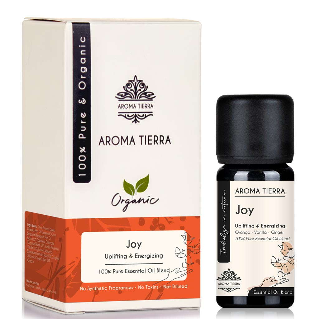 Joy Essential Oil Blend by Aroma Tierra in 10ml Violet Glass bottle with product box packaging