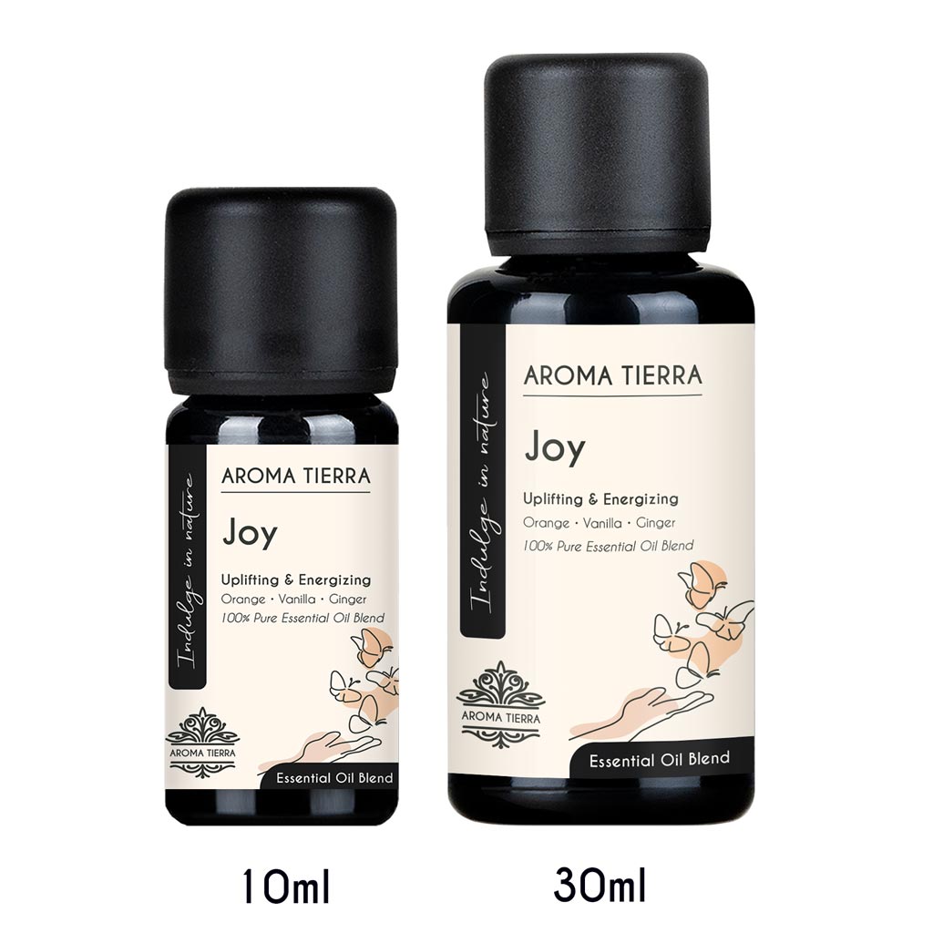 Aroma Tierra Joy Essential Oil blends in 10ml and 30ml glass bottles for natural stress support