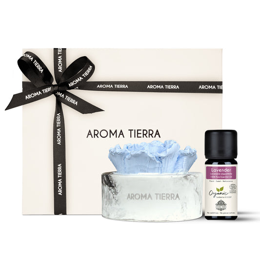 cera flora blue flower ceramic diffuser set with lavender essential oil in gift box with ribbon