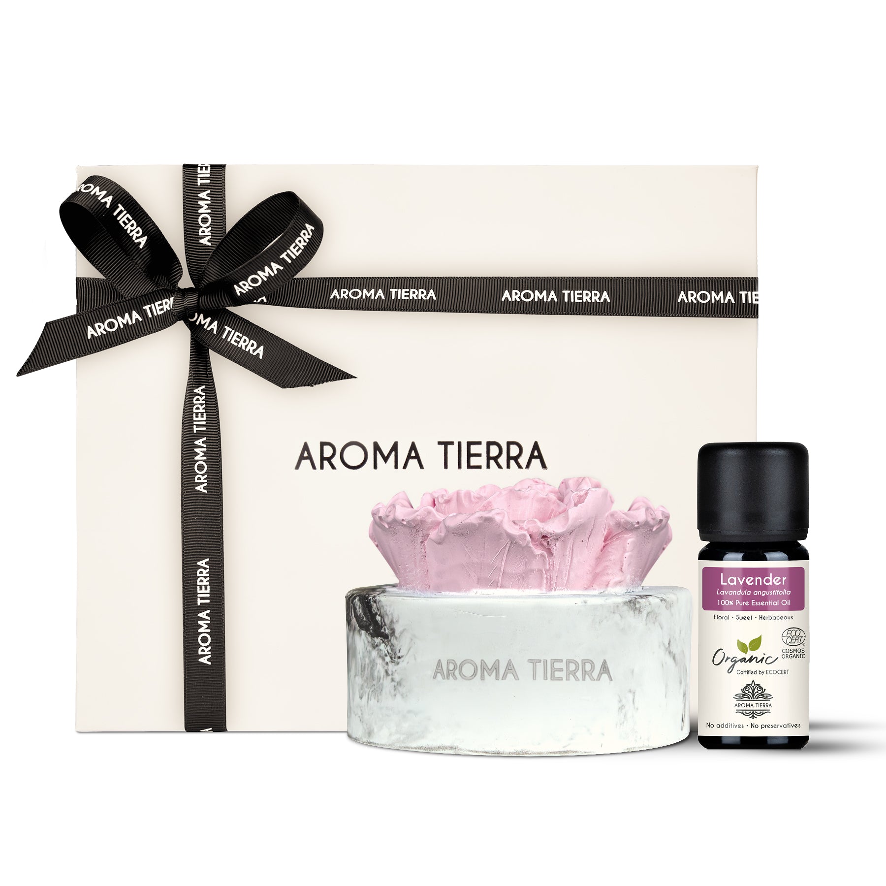 cera flora pink flower ceramic diffuser with lavender essential oil in gift box with ribbon