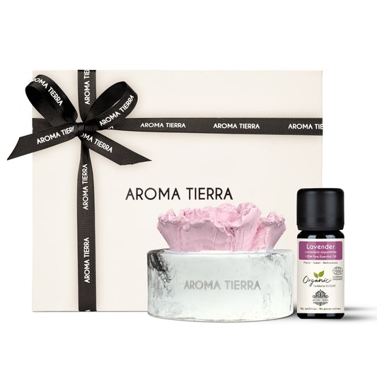 cera flora pink flower ceramic diffuser with lavender essential oil in gift box with ribbon
