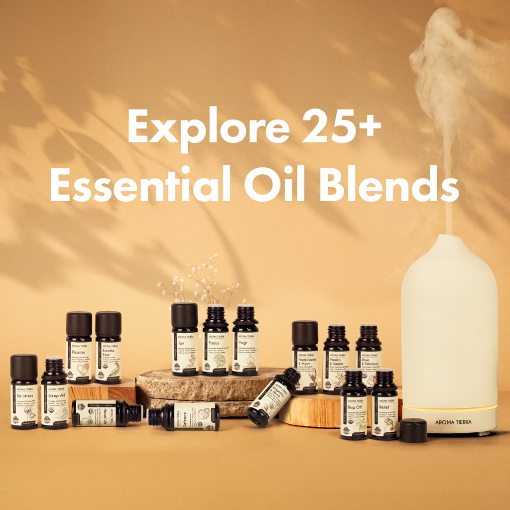 Aroma Tierra Essential Oil Blends collection featuring the De-stress Blend and Santorini Diffuser