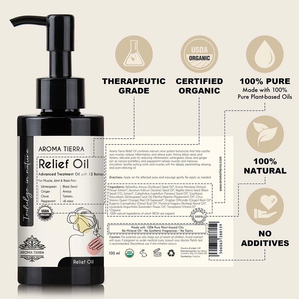 Aroma Tierra Certified Organic Relief Oil 100% pure and natural no additives. Best massage oil.