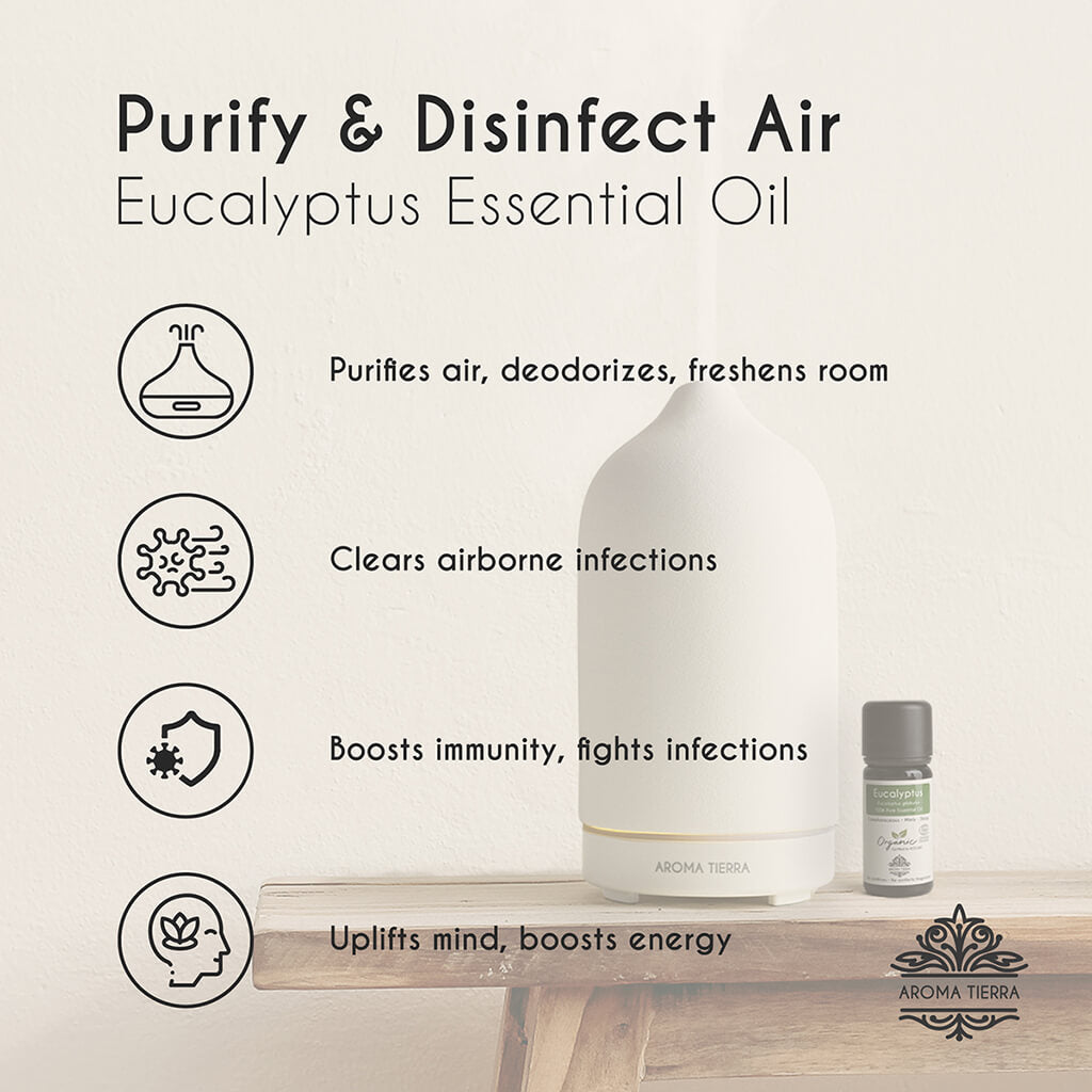 Aroma Tierra Organic Eucalyptus essential oil from Portugal purifies and disinfect air.