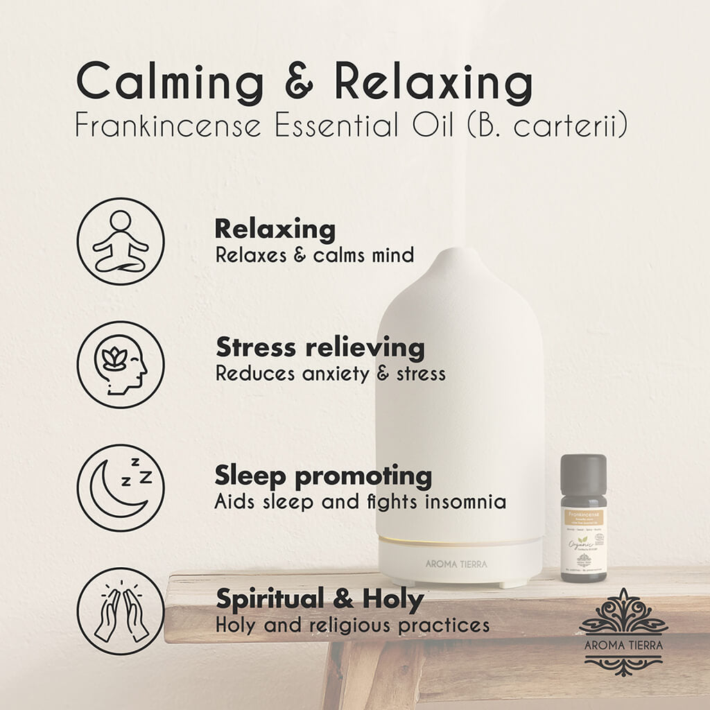 Aroma Tierra Organic Frankincense essential oil relieves stress and anxiety, calming and relaxing.