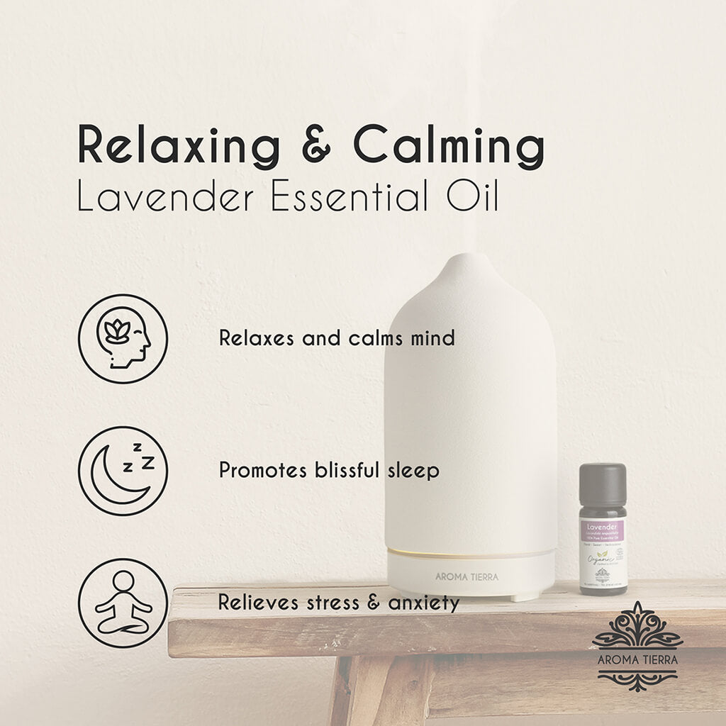 Aroma Tierra Organic Lavender essential oil steam relieves stress and anxiety, calming and relaxing.