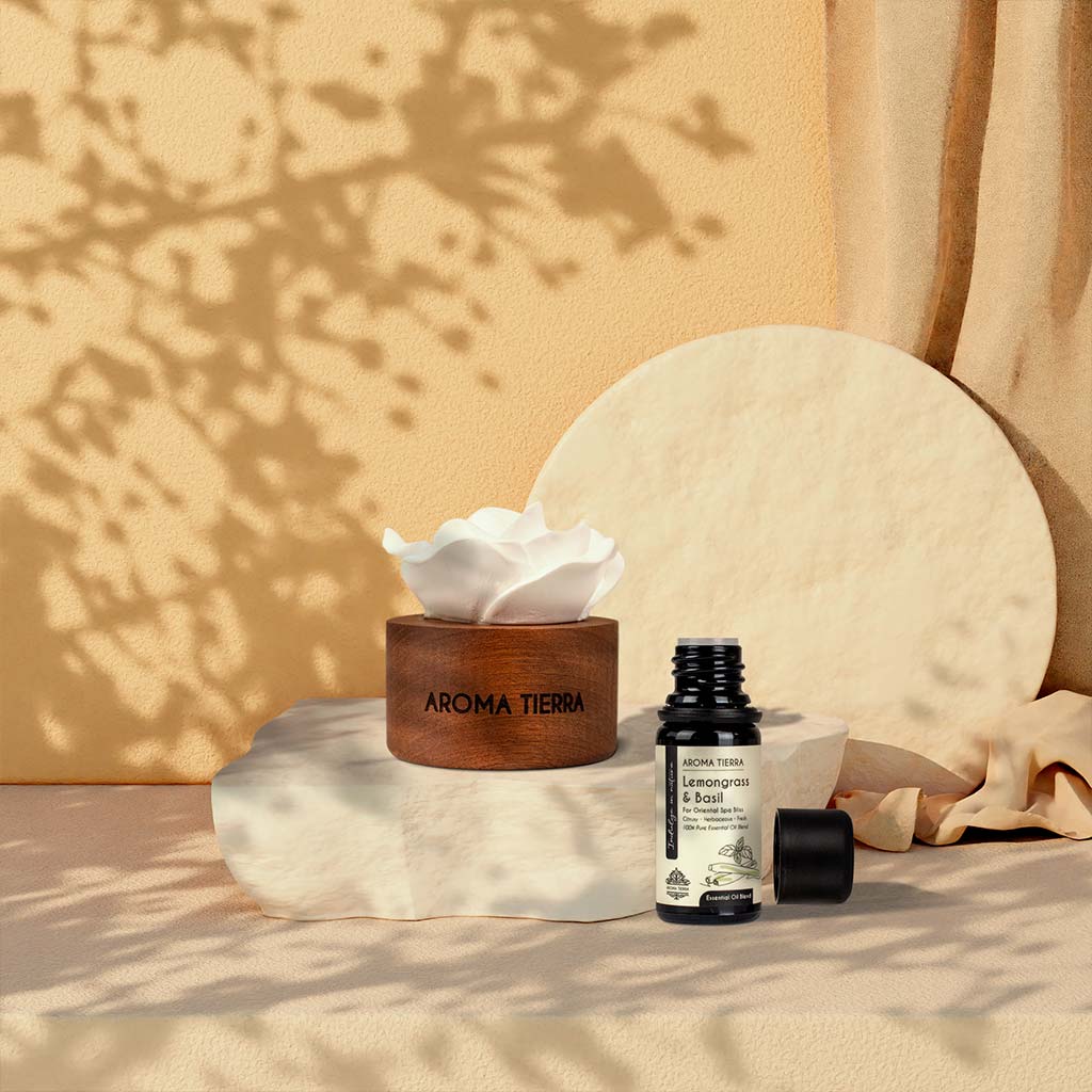cera flora wood diffuser with lemongrass & basil essential oil in a sunlit room
