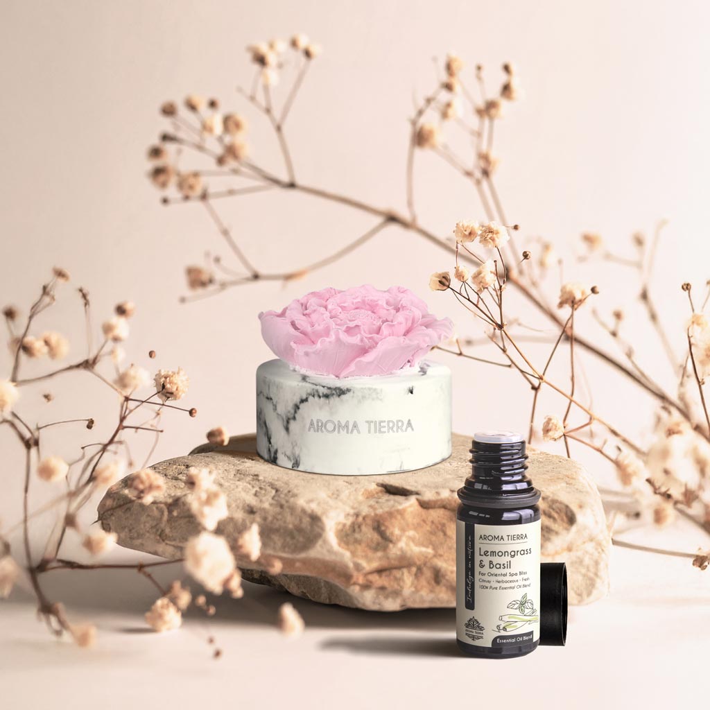 cera flora pink flower ceramic diffuser with lemongrass & basil essential oil