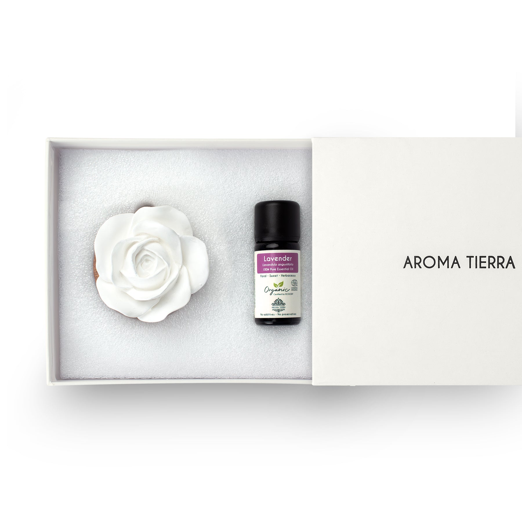 cera flora wood ceramic diffuser set with lavender essential oil in gift box