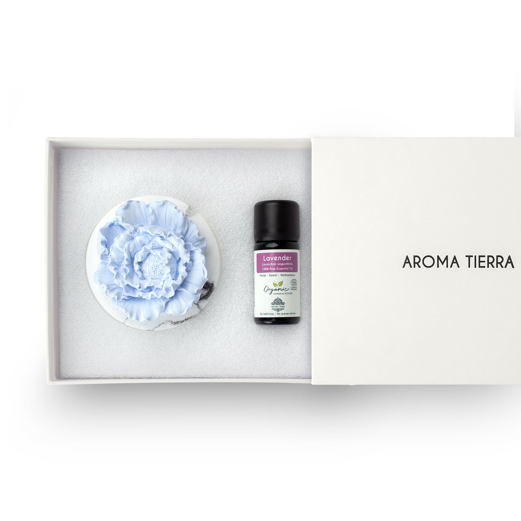 cera flora blue flower ceramic diffuser set with lavender essential oil in gift box