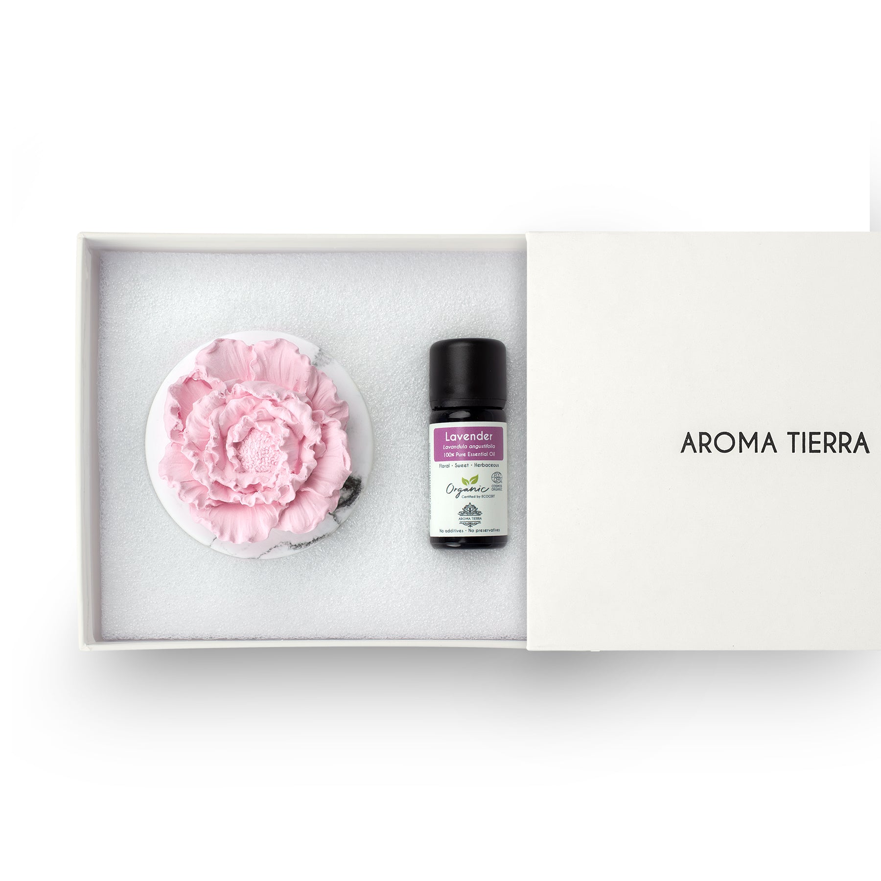 cera flora pink flower ceramic diffuser set with lavender essential oil in gift box