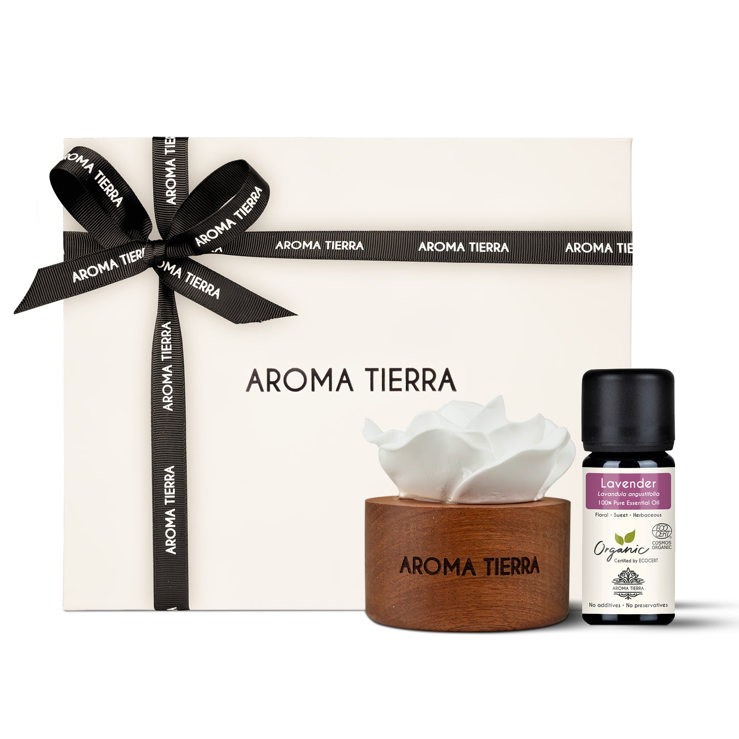 Cera Flora Wood Gift Set - Ceramic Essential Oil Diffuser with Essential Oil