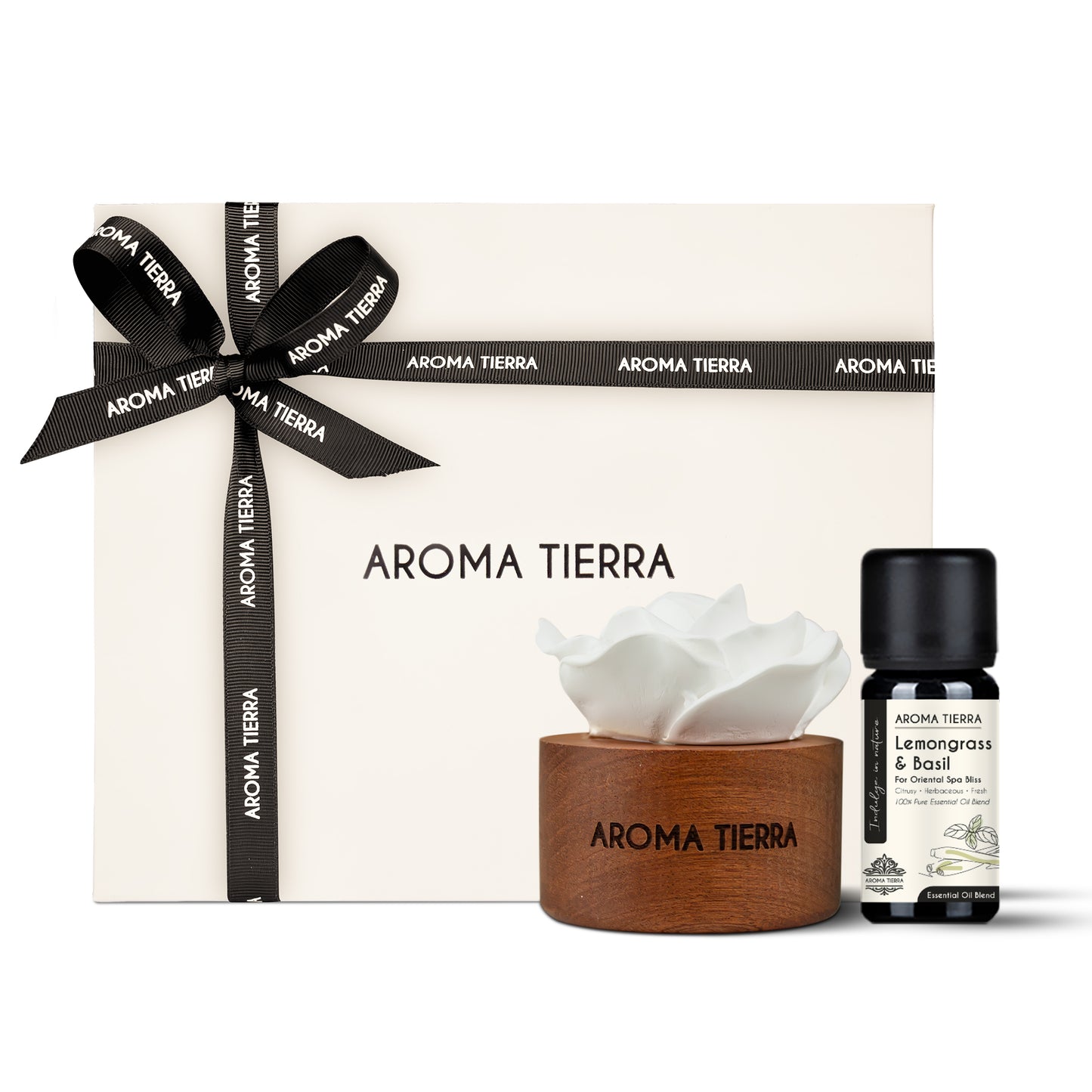 Cera Flora Wood Gift Set - Ceramic Essential Oil Diffuser with Essential Oil