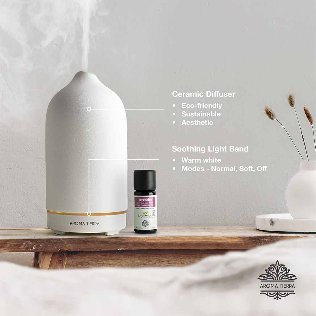 Aroma Tierra Santorini Dawn diffuser, traditional ceramic craftsmanship and modern ultrasonic diffusion technology.