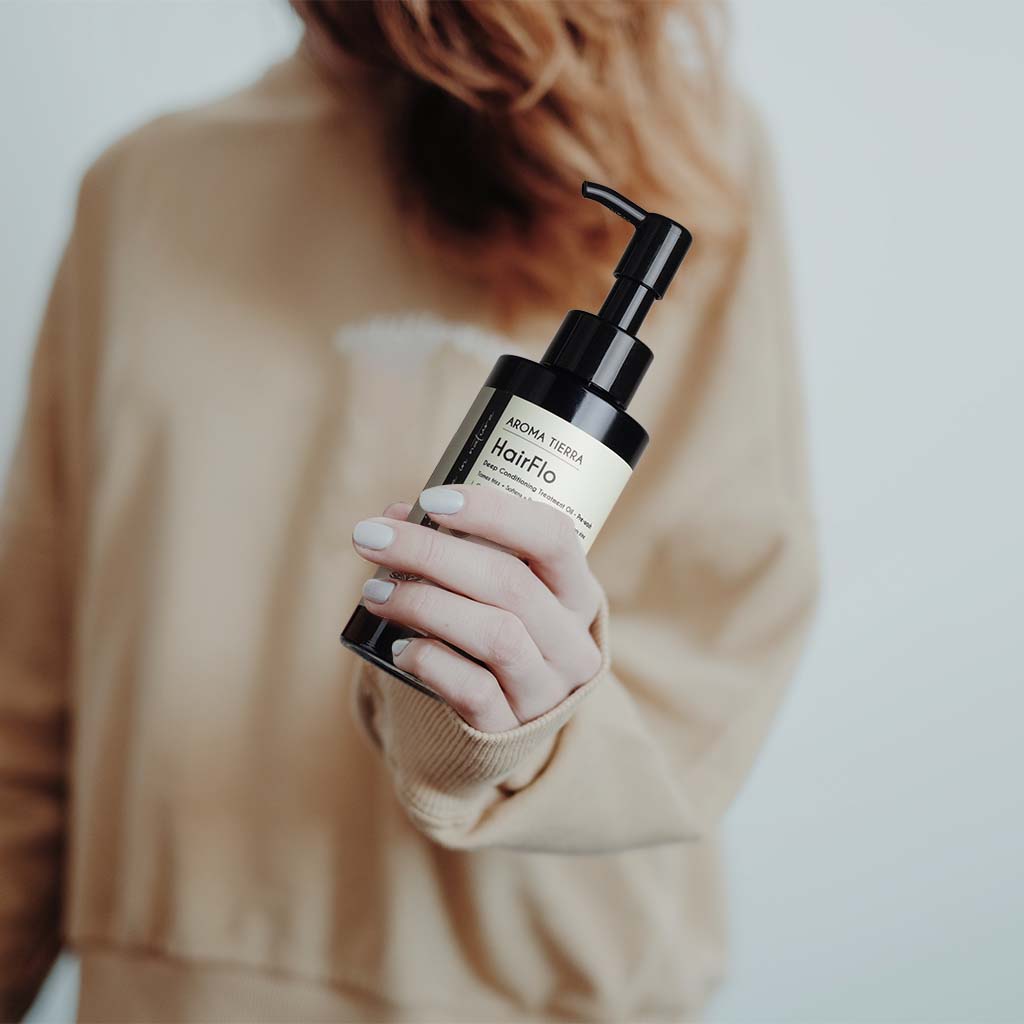 Aroma Tierra HairFlo Oil, best organic pre wash hair conditioning.