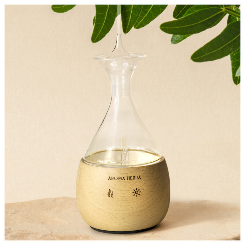 Aroma Tierra Eternal essential oil nebulizer waterless diffuser  made of natural wood and handblown glass.