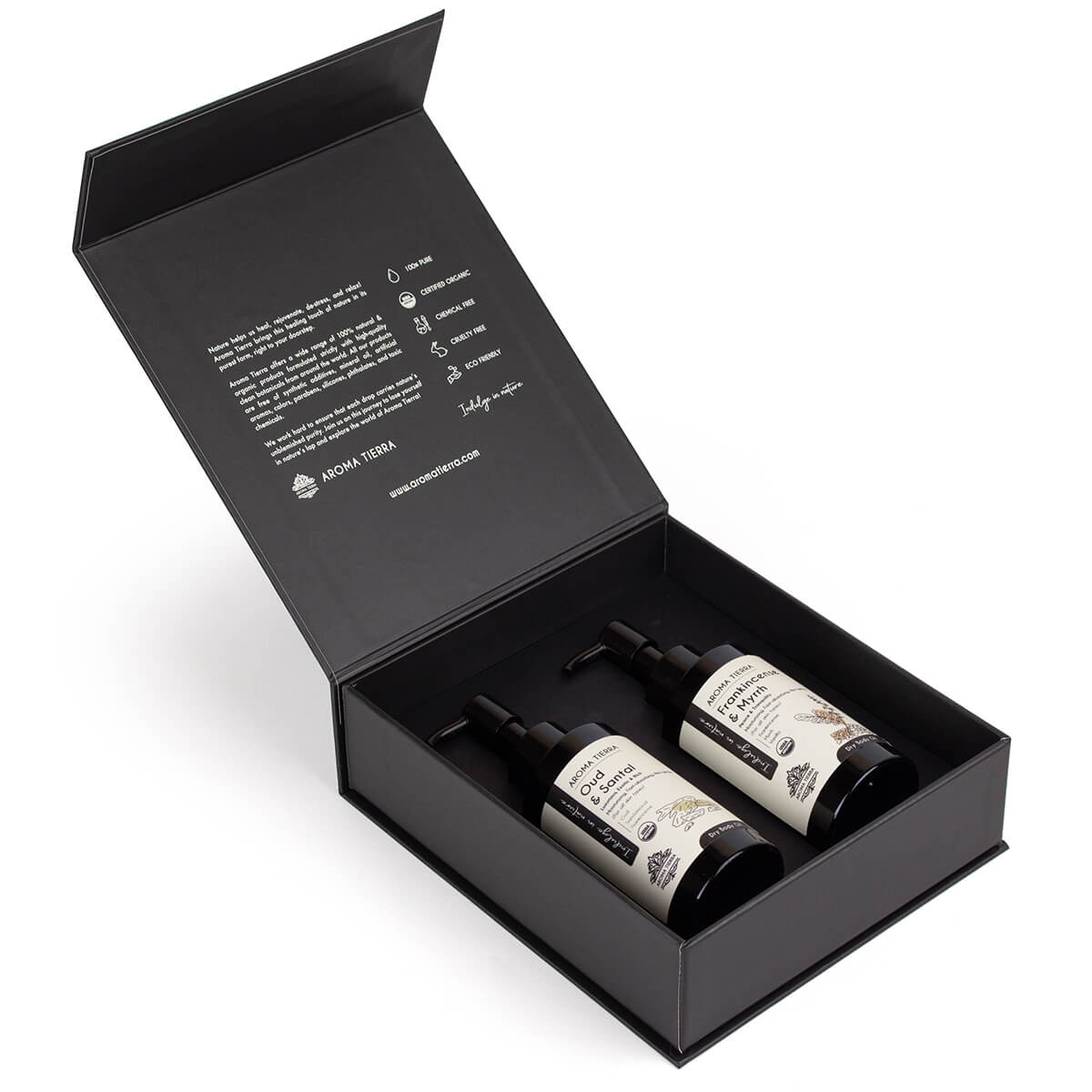 Gift set of two luxurious body oils, Oud Santal and Frankincense Myrrh from Arabian Heritage theme, perfect for pampering.