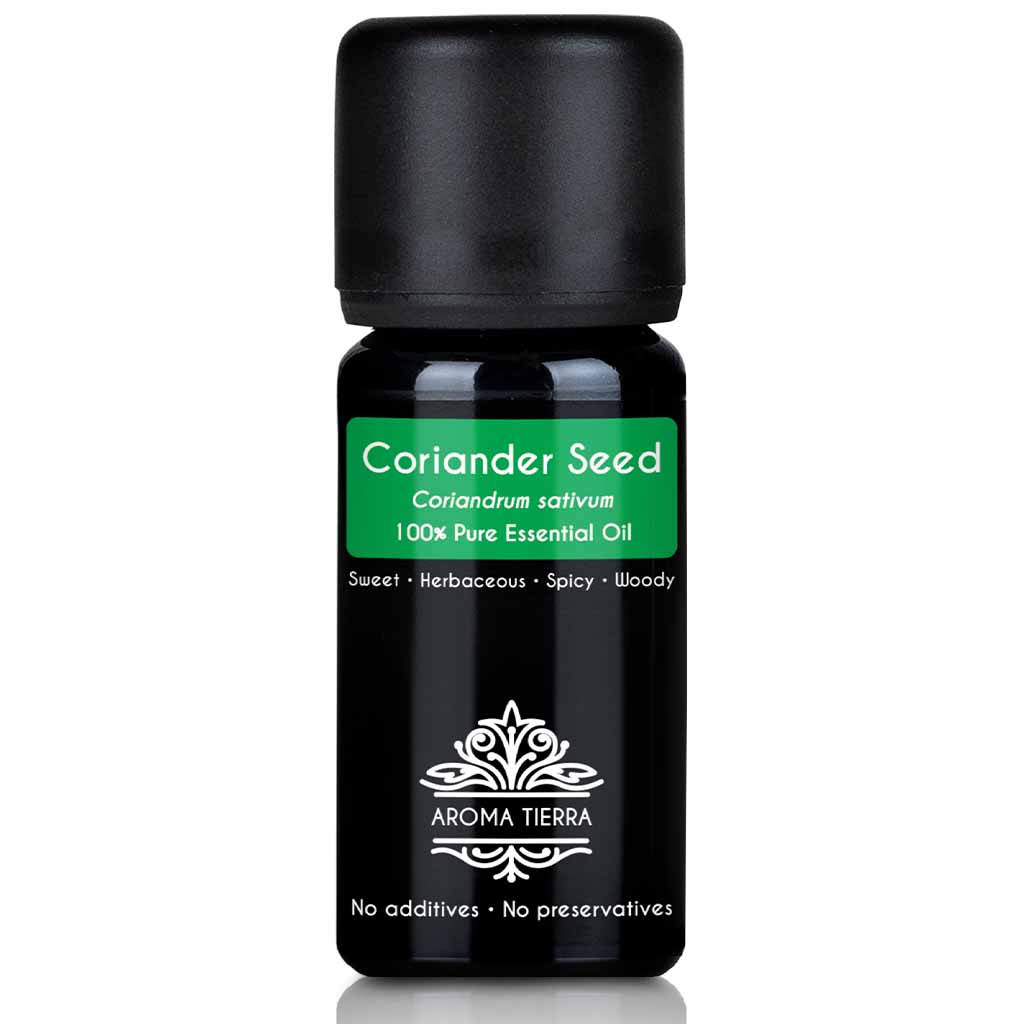 Aroma Tierra coriander seed essential oil best for diffusers stimulating and energizing, treat acne, skin irritation, and inflammation, 10 ml.