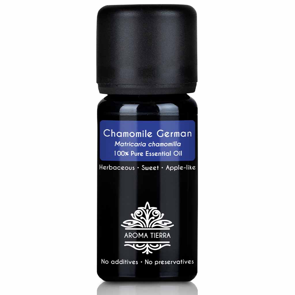 Aroma Tierra Chamomile German essential oil steam distillation of Matricaria chamomilla flowers.