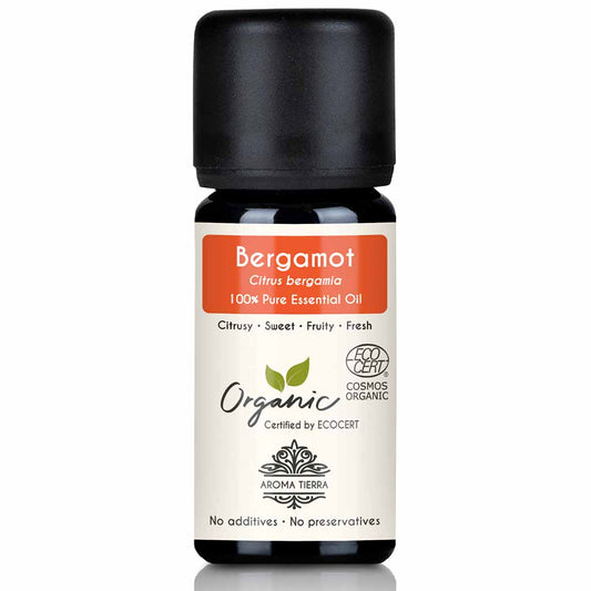 Aroma Tierra Organic Bergamot essential oil from cold pressing of rind of the Bergamot fruit, 10 ml.