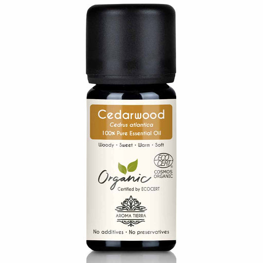 Aroma Tierra Cedarwood  essential oil  steam distillation of wood of organic Atlas Cedar Cedrus atlantica tree, 10 ml.