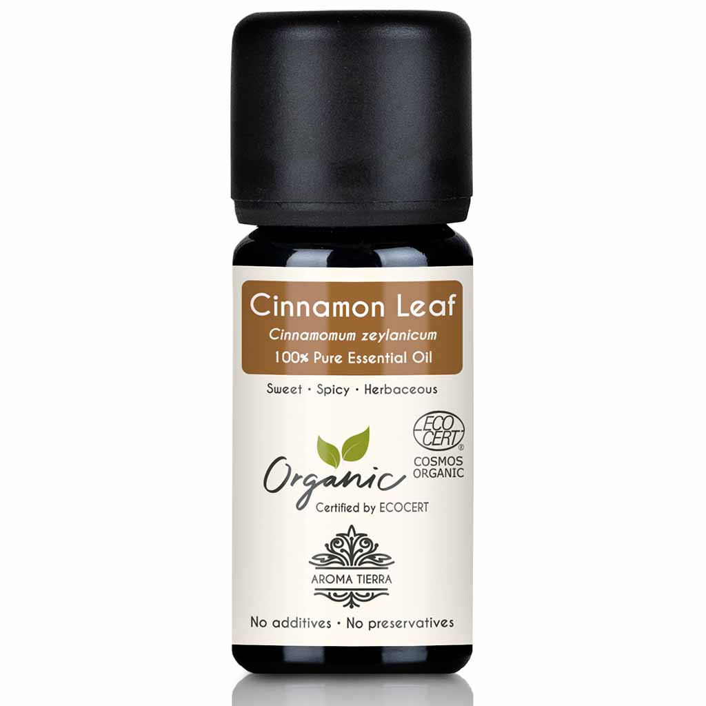 Aroma Tierra Cinnamon Leaf essential oil steam distillation of leaves of organic Cinnamomum zeylanicum tree, 10 ml.
