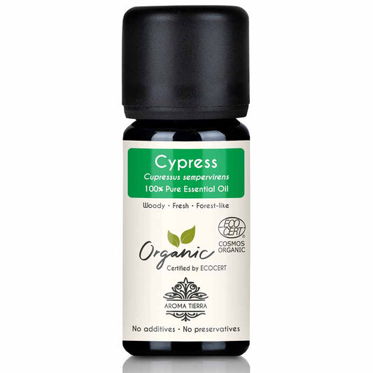Aroma Tierra Organic Cypress essential oil steam distillation of  needles and twigs of organic Cupressus sempervirens, 10 ml.