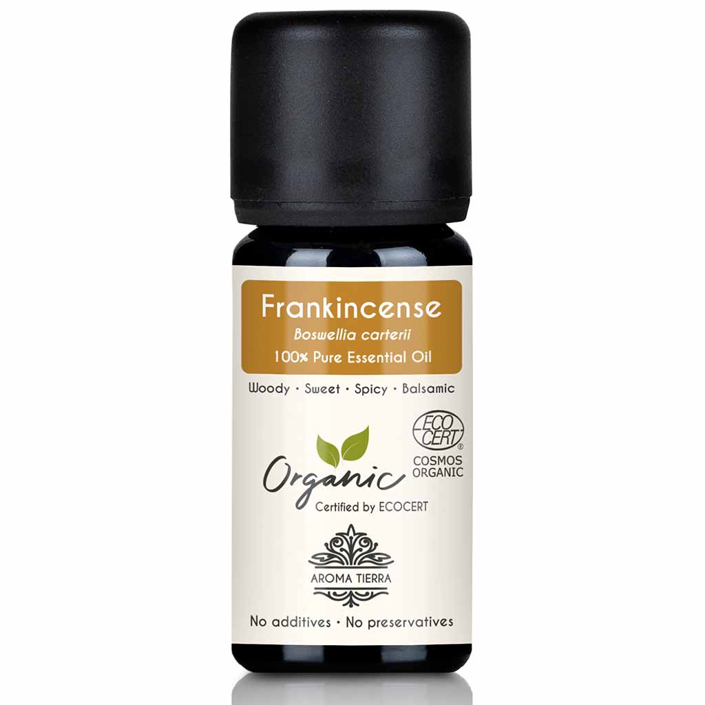 Aroma Tierra Organic Frankincense Boswellia carterii essential oil Steam distillation of the gum of organic Frankincense carterii tree, 10 ml.