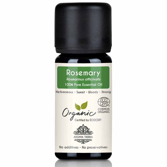 Aroma Tierra Organic Rosemary essential oil  steam distillation of the flowers and leaves of organic Rosmarinus officinalis, 10 ml.
