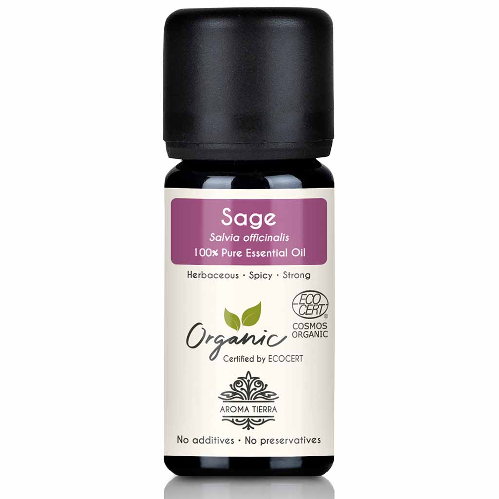 Aroma Tierra Sage essential oil best for diffusers cleans and purifiers air, hair growth, treat dandruff, dry scalp, and hair thinning, 10 ml.