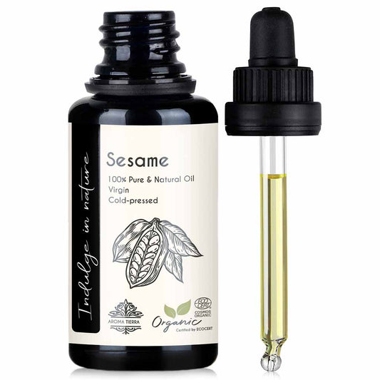Aroma Tierra Organic Sesame seed oil queen of oils, repairs skin-barrier, hydrates, fights acne, improve immune function, 30 ml.