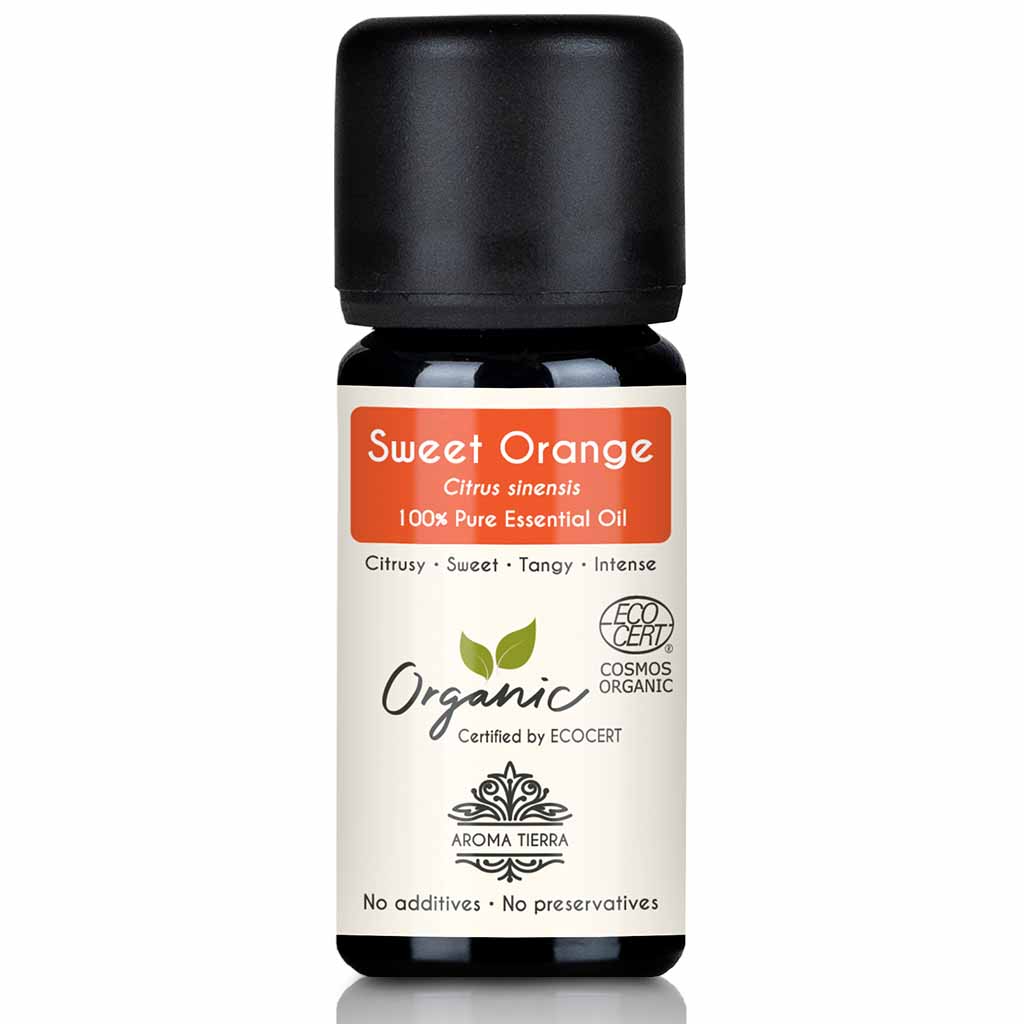 Aroma Tierra Organic Sweet Orange essential oil cold pressing the rind of Citrus sinensis fruit, 10 ml.