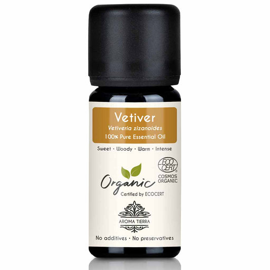 Aroma Tierra Vetiver essential oil steam distillation of roots of organic Vetiveria zizanoides plant, 10 ml.