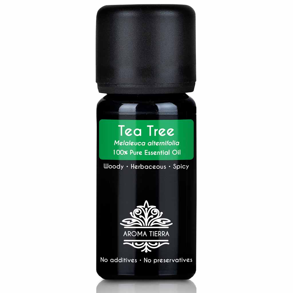 Aroma Tierra Tea Tree essential oil Steam distillation of organic Melaleuca alternifolia leaves, 10 ml.
